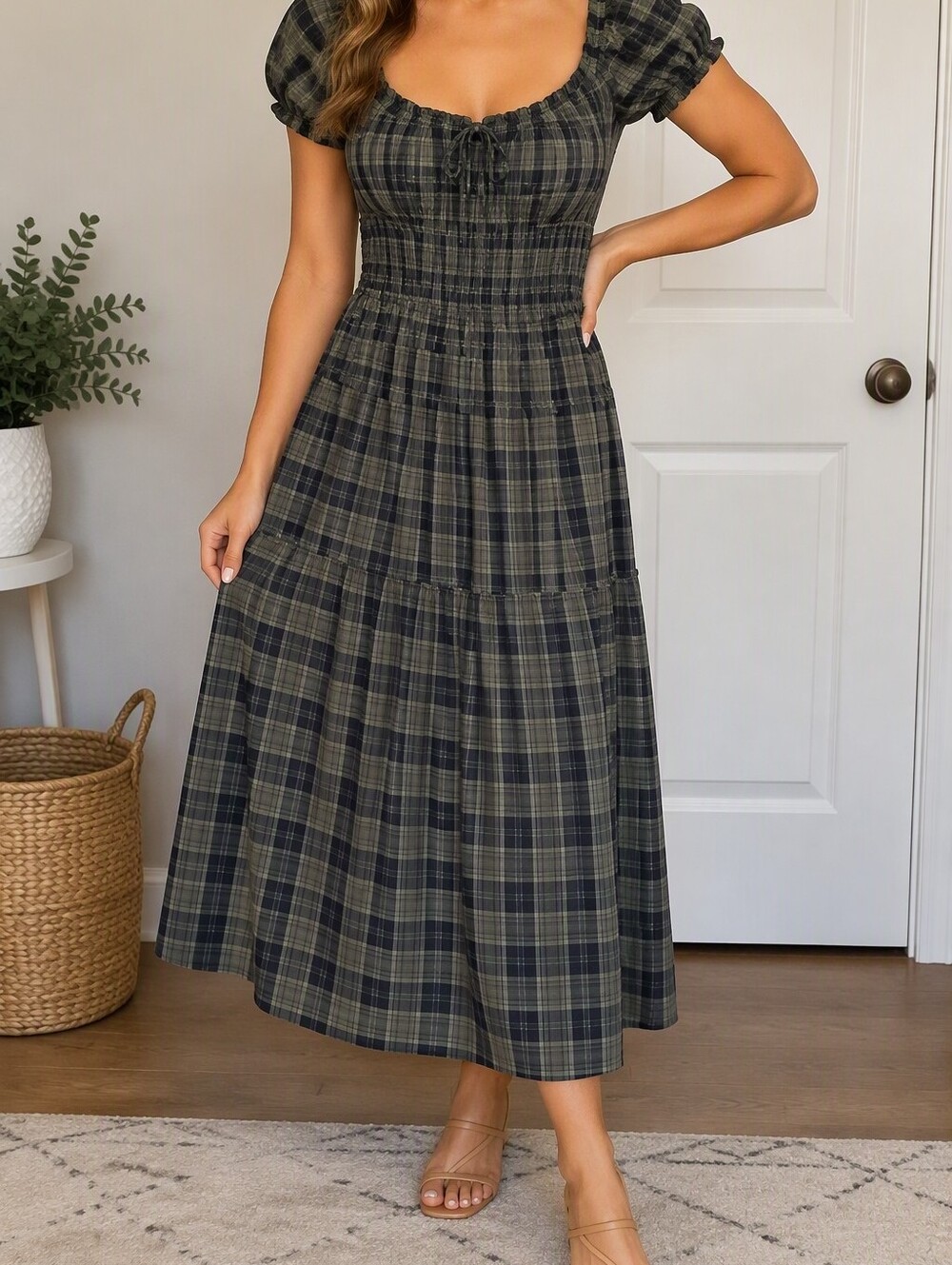 Cider Green Plaid Smocked Midi Dress Renaissance